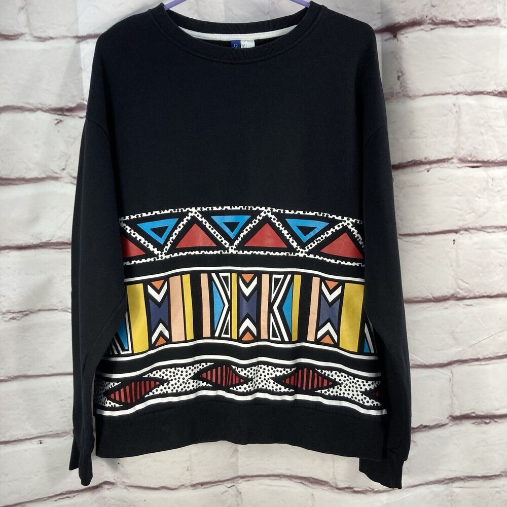 Divided Mens Sweatshirt L Pullover Black Geometric Print Multicolor Crew Neck